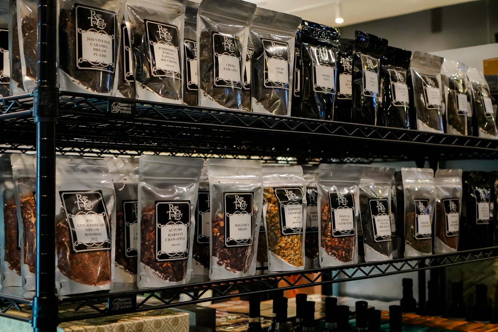 Rare Tea Cellar shelves lined with exotic teas